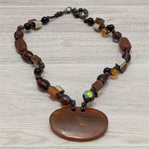 Handmade Beaded Necklace Amber Resin Pendant Wood Glass Boho Artisan Jewelry